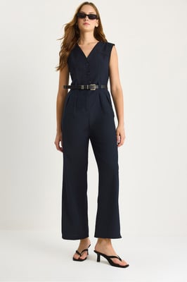 V-hals Wijde Pijpen Jumpsuit met Strikdetail