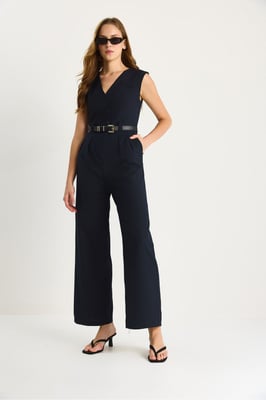 V-hals Wijde Pijpen Jumpsuit met Strikdetail