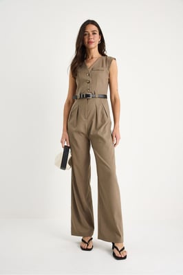 V-hals Wijde Pijpen Jumpsuit met Strikdetail