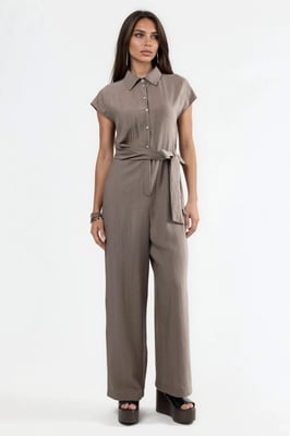 Wijd-Geschouderde Overhemdkraag Jumpsuit met Knopen