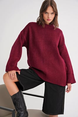 Oversized Geribde Gebreide Trui met Ronde Hals