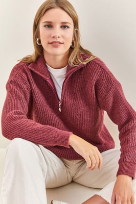 Oversized Textured Knit Trui met Ritskraag