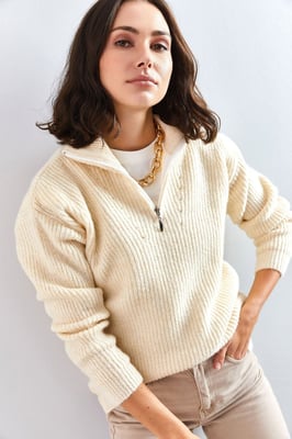 Oversized Textuurgebreide Trui met Ritskraag