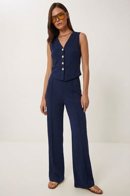 Hoge Taille V-Hals Knop-Up Brede Pijpen Co-ord Set