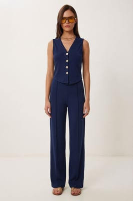 Hoge Taille V-Hals Knop-Up Brede Pijpen Co-ord Set