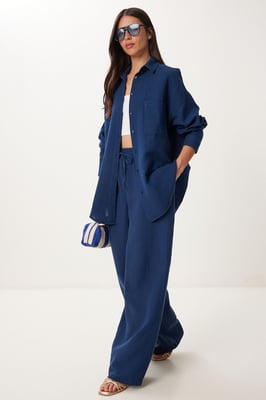 Hoge Taille Wijde Pijpen Twee-delige Co-ord Set met Shirtkraag