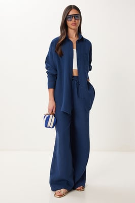 Hoge Taille Wijde Pijpen Twee-delige Co-ord Set met Shirtkraag
