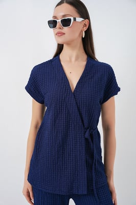 Gestructureerde V-hals Met Strikdetail Twee-delig Co-ord Set
