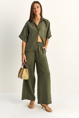 Hoge Taille Brede Pijpen Twee-Delig Co-ord Set met Kraag