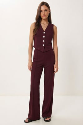 Hoogwaardige Taille V-hals Knopen-up Brede Pijpen Co-ord Set