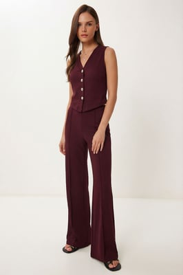 Hoogwaardige Taille V-hals Knopen-up Brede Pijpen Co-ord Set