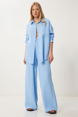 Hoge Taille Brede Pijpen Twee-Delig Co-ord Set met Kraag