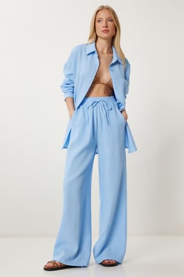 Hoge Taille Brede Pijpen Twee-Delig Co-ord Set met Kraag