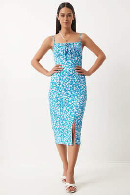 Bloemengebroken Ribbel Bodycon Midi-jurk met Split