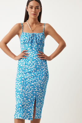 Bloemengebroken Ribbel Bodycon Midi-jurk met Split