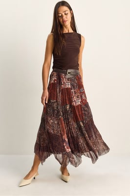 Hoge Taille Paisley Print Midi Rok met Ceintuur