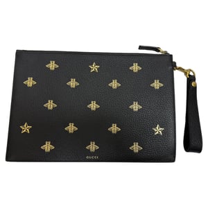 Gucci Dollar Boar Effect Bee Star Zip Wristlet Pouch in zwart kalfsleer