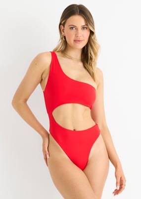 Rood badpak met één schouder en uitsnijding