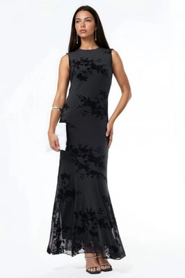 Bloemrijke Flocked Print Tulle Maxi Jurk