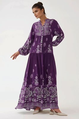 Gedrukte Lange Mouwen Viscose Maxi Jurk