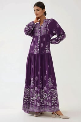 Gedrukte Lange Mouwen Viscose Maxi Jurk