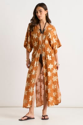 Oranje kaftan-kimono met bloemenprint en lurex, aan de voorkant te strikken