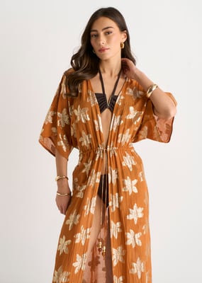Oranje kaftan-kimono met bloemenprint en lurex, aan de voorkant te strikken