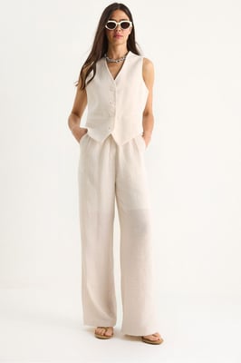 V-hals Vest en Wijde Pantalon Twee-delige Coord Set