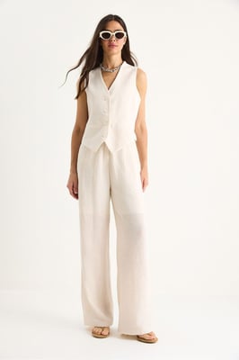 V-hals Vest en Wijde Pantalon Twee-delige Coord Set