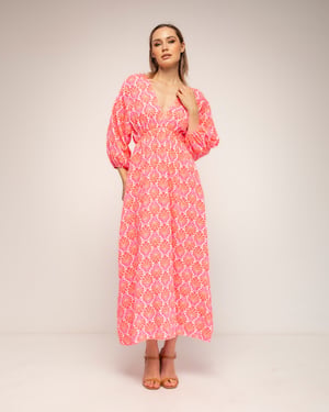 Geprinte jurk met elastische taille, V-hals en V-rug en vetersluiting