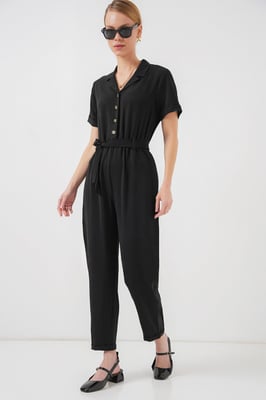 Effen Geweven Jumpsuit met Kraag en Strikdetail