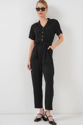 Effen Geweven Jumpsuit met Kraag en Strikdetail