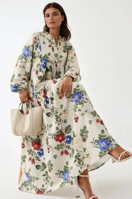 Bloemen Linnen Voel Crew Neck Maxi Jurk