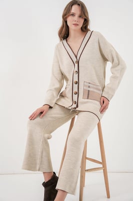 Pocket Gedetailleerde V-hals Cardigan en Wijde Broek Set