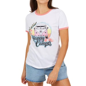Brave Soul Happy Camper T-shirt voor dames (Wit/Koraal)
