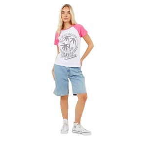 Brave Soul Dames-T-shirt met opdruk en contrasterende mouwen (Wit/Koraal)