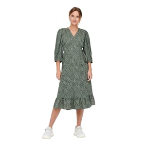 Only Damesjurk Olivia met abstracte print, V-hals, pofmouwen en overslag (Balsem Groen)