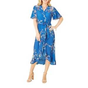 Mela London Damesjurk met bloemenprint, V-hals en golvende vouwdetails (Blauw)