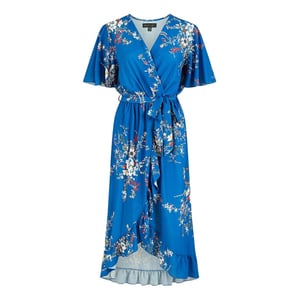 Mela London Damesjurk met bloemenprint, V-hals en golvende vouwdetails (Blauw)