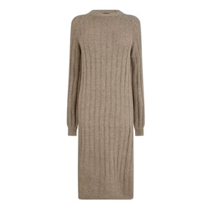 Pieces Gebreide midi-jurk met ronde hals en lange mouwen voor dames (Taupe Grijs)