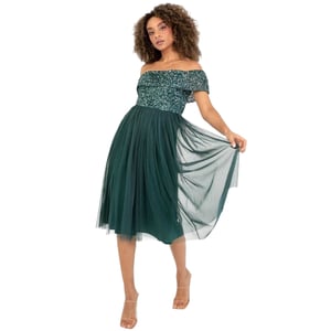 Maya Deluxe Dames Sequin Bardot Korte Mouw Midi Jurk (Emerald)