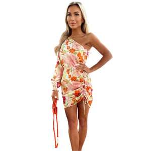 AX Paris Mini-jurk voor dames met bloemenprint, gerimpelde zijkant en één mouw (Veelkleurig)