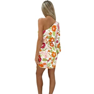 AX Paris Mini-jurk voor dames met bloemenprint, gerimpelde zijkant en één mouw (Veelkleurig)