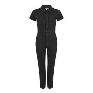 Good American Dames/Dames Denim Verstelbare Taille Jumpsuit met Korte Mouwen (Zwart)
