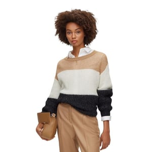 Boss Dames-trui met ronde hals en kleurblokken (Zwart/Wit/Beige)