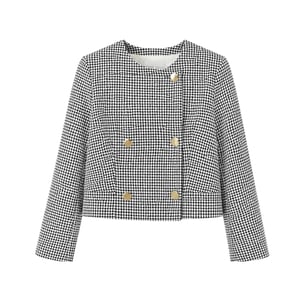 AX Paris Damesjasje met houndstooth-patroon, dubbelrijig en op maat gesneden (Zwart, Wit)