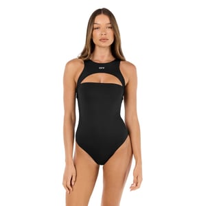 Off White Eendelig zwempak met uitsnijdingen voor dames, in roeiersstijl (Zwart, Wit)