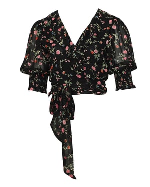 Ganni bloemenchiffon wikkelblouse in zwarte viscose