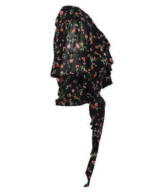 Ganni bloemenchiffon wikkelblouse in zwarte viscose