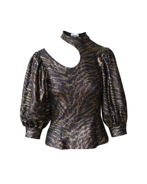 Ganni top met tijgerprint, pofmouwen en lurex gebreide stof in meerdere kleuren, polyester